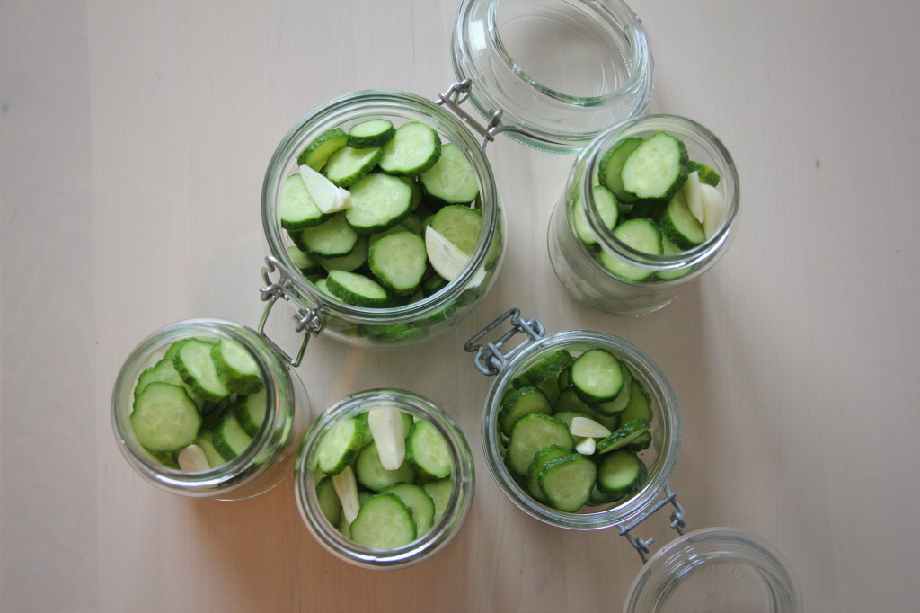 5 open jars seen from above, filled with green cucumbers and halved garlic cloves